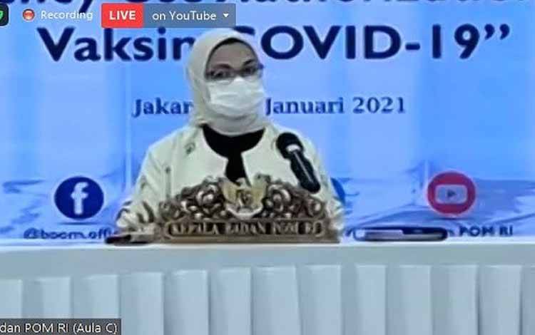 Kepala Badan Pengawas Obat dan Makanan Penny K Lukito dalam jumpa pers daring yang dipantau dari Jakarta, Senin (11/1/2021) terkait pemberian izin penggunaan darurat atau EUA untuk vaksin Sinovac
