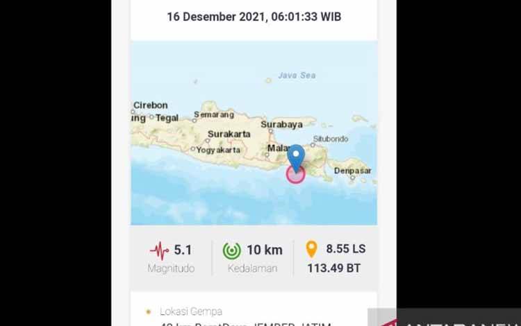 Gempa bumi bermagnitudo 5,1 berpusat di Jember
