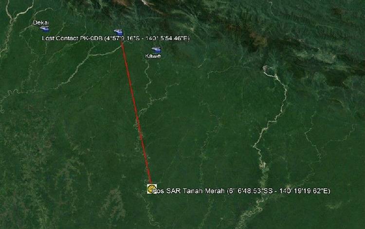 Peta lokasi helikopter milik Airfast yang sempat dilaporkan hilang kontak di Kabupaten Boven Digul, Papua, Kamis (30/12/2021). (ANTARA/HO-Humas SAR Merauke)