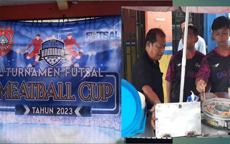 Banner Turnamen Futsal Meatball Cup 2023, dan foto Pelaksanan turnamen, paman pentol bernama Jamil saat melayani pembeli.