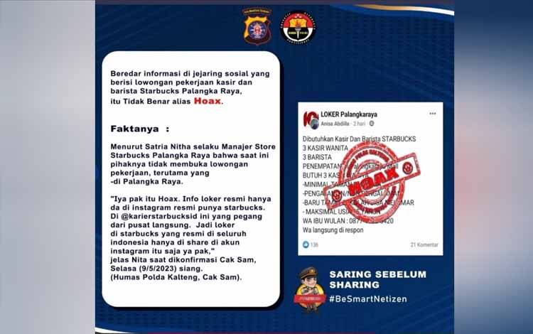 Foto informasi hoaks terkait lowongan pekerjaan strabuck (FOTO : HUMAS POLDA KALTENG)