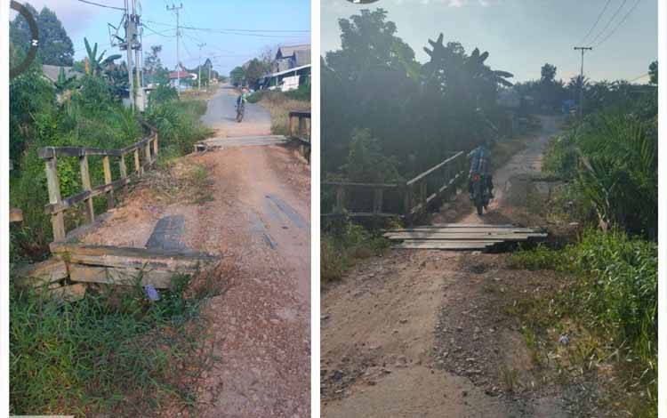 Jembatan di Desa Ipuh Bangun Jaya, dengan kondisi sebagian tanah timbunan longsor. (FOTO : ISTIMEWA)