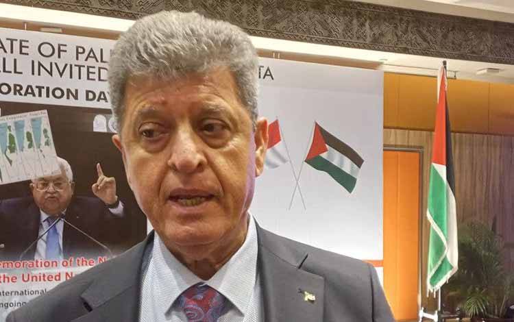 Duta Besar Palestina untuk Indonesia Zuhair Al-Shun dalam acara peringatan 75 tahun hari Nakba di Jakarta, Jumat (19/5/2023). (ANTARA/Cindy Frishanti)