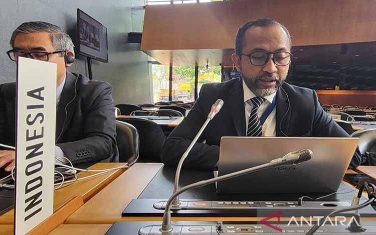 Deputi Wakil Tetap II RI untuk WTO Dandy Satria Iswara menyampaikan pernyataan delegasi Indonesia mengenai permintaan pembentukan panel sengketa dagang RI-EU terkait produk baja Indonesia, dalam pertemuan WTO pada Selasa (30/5/2023). (ANTARA/HO-PTRI Jenewa) (ANTARA/HO-PTRI Jenewa)