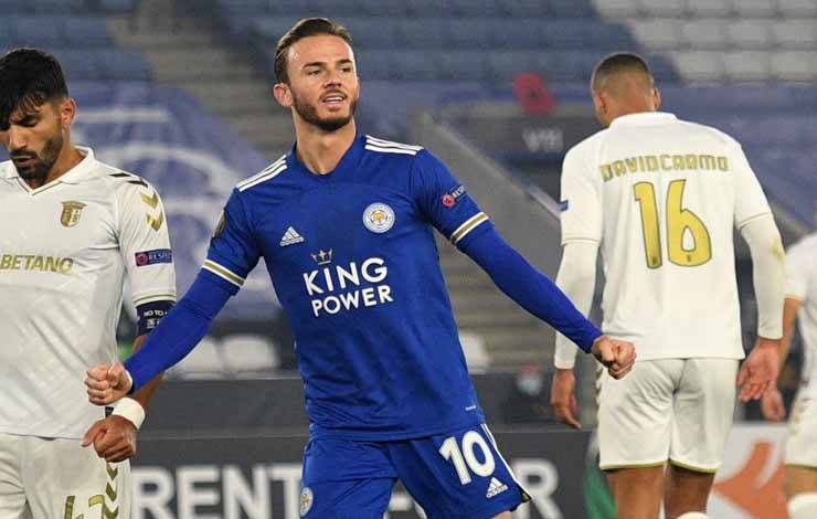 Selebrasi James Maddison setelah mencetak gol keempat Leicester City dalam pertandingan Grup G Liga Europa melawan Braga di King Power Stadium pada 5 November 2020. James Maddison resmi menjadi pemain baru Tottenham Hotspur dari Leicester City. ANTARA/AFP/OLI SCARFF
