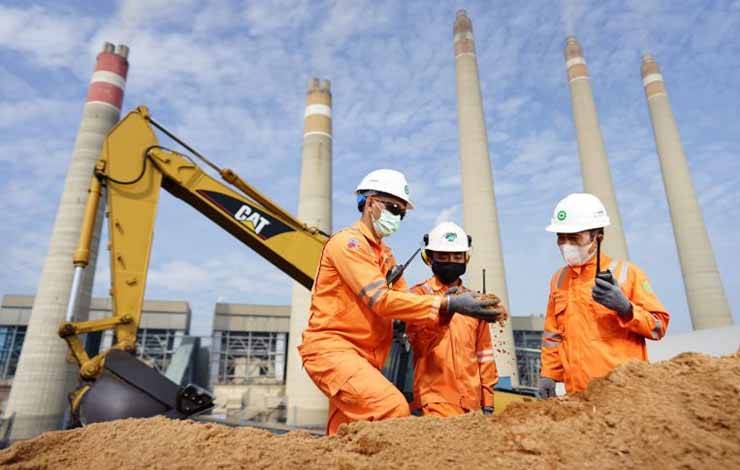 Arsip - Tiga pekerja memeriksa serbuk gergaji yang akan digunakan sebagai biomassa pengganti bahan bakar batu bara dengan teknologi co-firing di PLTU Suralaya di Cilegon, Provinsi Banten. (ANTARA/HO-PLN)