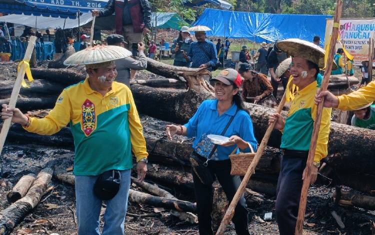 Anggota DPRD Gunung Mas Punding S Merang (kiri) bersama dengan Polie L Mihing (kanan) dan lainnya saat mengikuti kegiatan harubuh manugal. (FOTO: RISKA YULYANA)