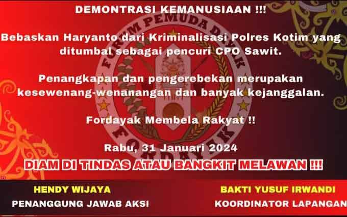 Pamflet yang aksi demontrasi yang akan di lakukan oleh Fordayak Kotim ke Polres Kotim. (FOTO: IST)