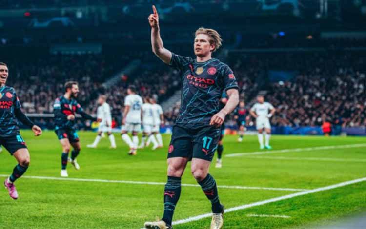 Gelandang Kevin De Bruyne merayakan gol ke gawang FC Copenhagen pada laga leg pertama 16 besar Liga Champions 2024. (ANTARA/HO-Manchester City Official)