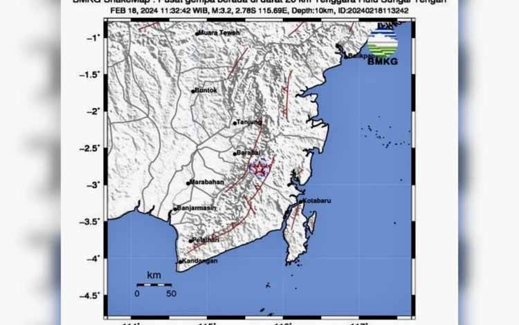 Peta menunjukkan gempa tektonik magnitudo 3,2 pada kedalaman 10 kilometer di darat pada jarak 26 kilometer arah tenggara Kabupaten Hulu Sungai Tengah, Kalimantan Selatan, Minggu (18/2/2024). (ANTARA/HO-BMKG)