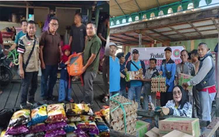 Jajaran Disdik Kapuas dan PGRI Bataguh saat salurkan bantuan kepada korban kebakaran di kawasan permukiman penduduk Desa Pulau Mambulau. (FOTO: IST)
