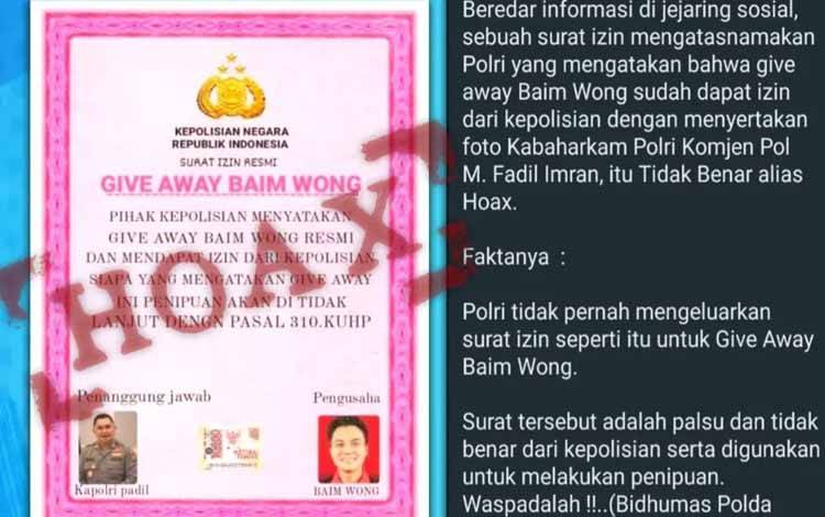 Surat izin Give Away Baim Wong Hoax (Foto : Tim Virtual Police Bidhumas Polda Kalteng)