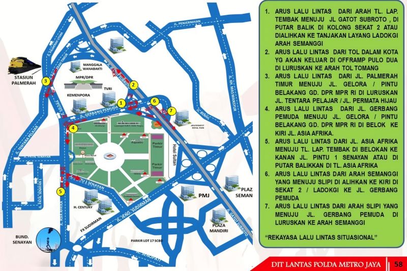 Peta rekayasa lalu lintas di sekitar kawasan DPR/MPR saat pelaksanaan sidang tahunan MPR RI dan Sidang Bersama DPR-DPD Tahun 2024, Jumat (16/8/2024). ANTARA/HO-Direktorat Lalu Lintas Polda Metro Jaya