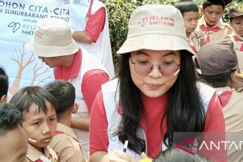 Relawan Bakti BUMN belajar sambil bermain bersama anak-anak SDN Sumur Barang Kecamatan Cibogo Kabupaten Subang. (ANTARA/Ali Khumaini)