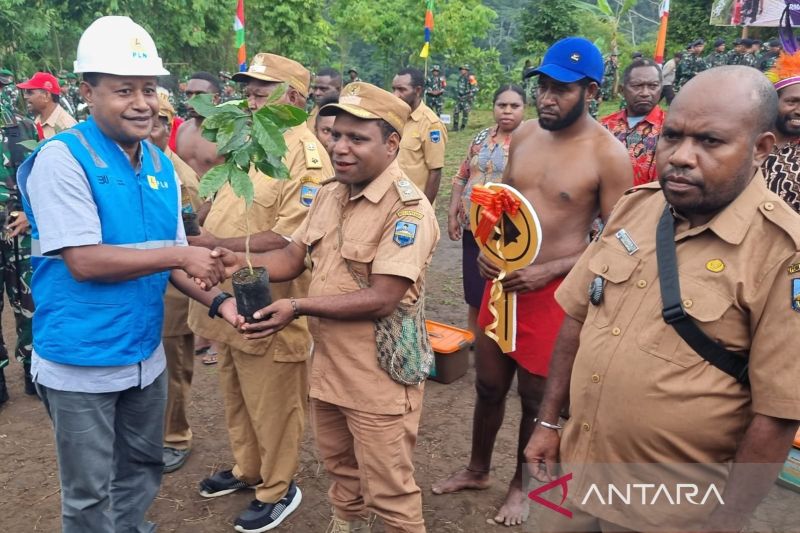 Manajer PT PLN UP3 Manokwari Fredrik M Noriwari saat menyerahkan bantuan bibit kopi pada kepala-kepala kampung di Distrik Mokwam (ANTARA/Ali Nur Ichsan)