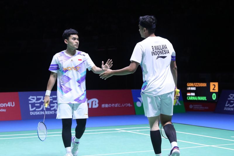 Ganda putra Indonesia Leo Rolly Carnando/Bagas Maulana saat berlaga di semifinal Japan Open 2024, Sabtu (24/8/2024). (ANTARA/HO/PP PBSI)