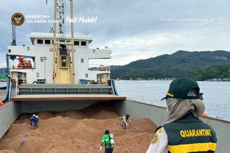 Bertempat di atas kapal MV Thai Binh 38 V0824, petugas Karantina Sulawesi Utara (Sulut) melakukan pendampingan pihak ketiga saat melakukan fumigasi pada bungkil kelapa yang akan diekspor menuju Long An Port, Vietnam, di Bitung, Sabtu (24/8/2024). ANTARA/HO-Karantina