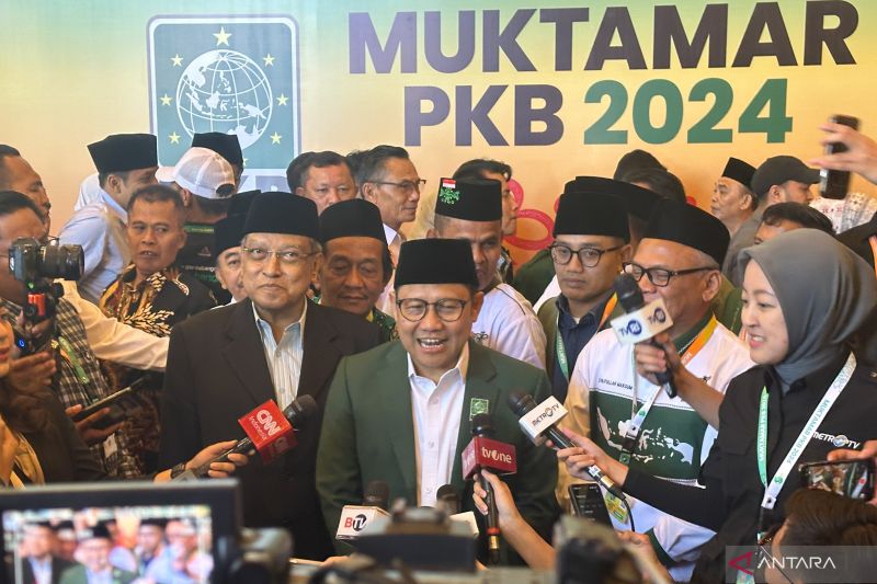 Ketua Umum PKB periode 2024-2029 Muhaimin Iskandar saat memberikan keterangan pers di Bali Nusa Dua Convention Center, Kabupaten Badung, Bali, Minggu (25/8/2024). (ANTARA/Rio Feisal)