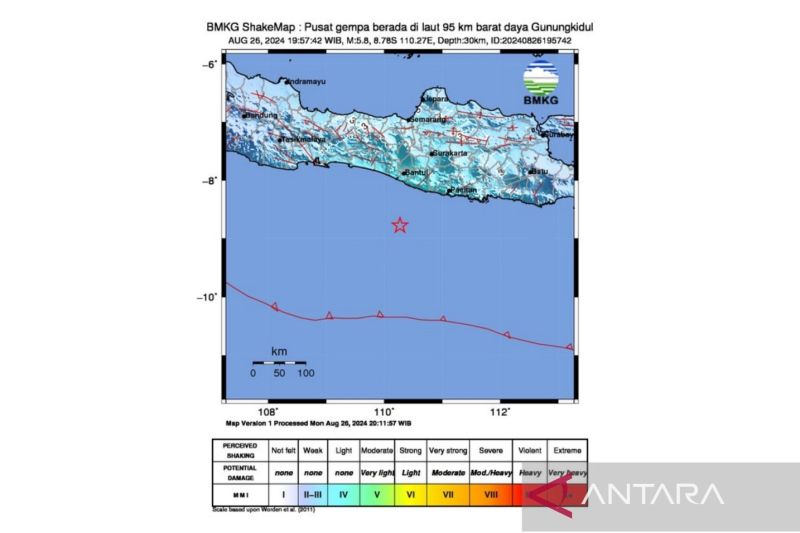 Peta pusat gempa di laut pada kedalaman 30 kilometer dengan koordinat 8.78 LS,110.27 BT atau berjarak 95 kilometer dari arah Barat Daya, Gunung Kidul, Yogyakarta, Senin (26/8/2024). (ANTARA/HO-BMKG)