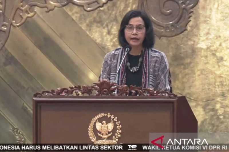 Tangkapan layar - Menteri Keuangan (Menkeu) Sri Mulyani Indrawati menyampaikan Tanggapan Pemerintah terhadap Pandangan Fraksi atas RUU tentang Pertanggungjawaban atas Pelaksanaan APBN Tahun Anggaran 2023, di Komplek Parlemen, Senayan, Jakarta, Selasa (20/8/2024). (ANTARA/Uyu Septiyati Liman)