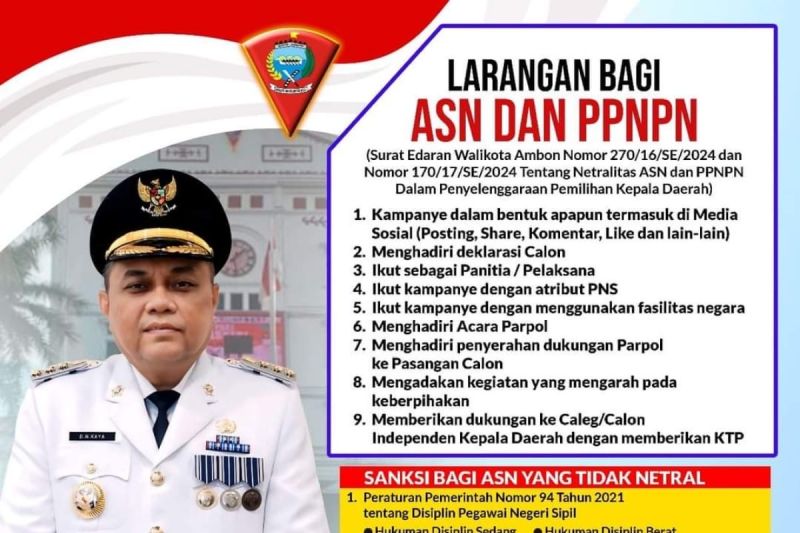 Pemerintah Kota (Pemkot) Ambon menerbitkan surat edaran tentang netralitas Aparatur Sipil Negara (ASN) dan Pegawai Pemerintah Non Pegawai Negeri (PPNPN) dalam Penyelenggaraan Pemilihan Kepala Daerah (Pilkada) serentak 2024. ANTARA/ Ho- Tabea Ambon.