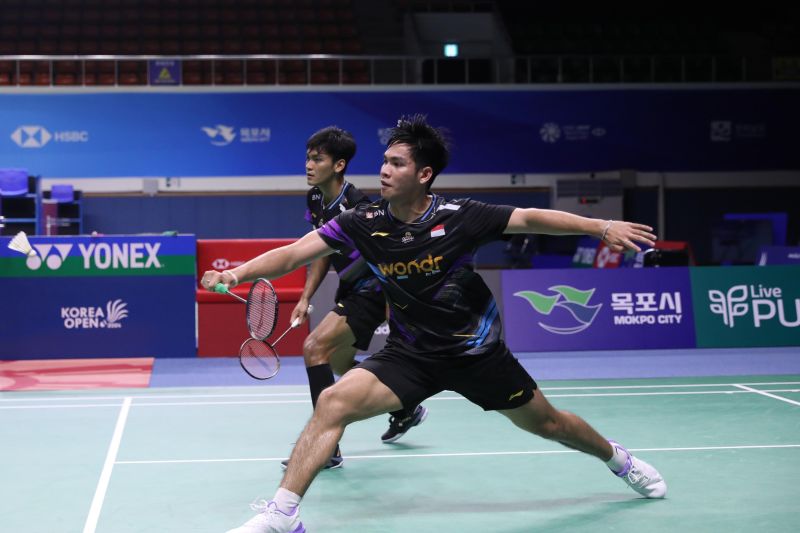 Ganda putra Indonesia Muhammad Shohibul Fikri/Daniel Marthin saat berlaga di babak semifinal Korea Open 2024, Jumat (30/8/2024). (ANTARA/HO/PP PBSI)