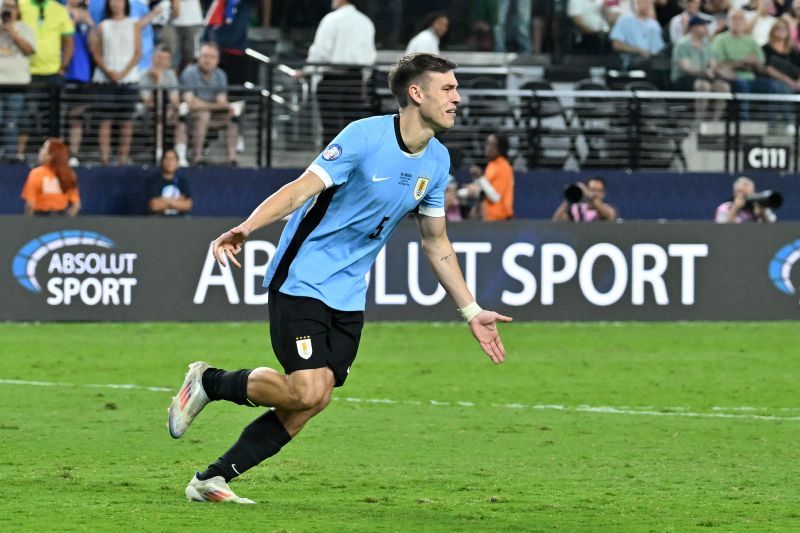 Gelandang timnas Uruguay Manuel Ugarte saat pertandingan perempatfinal Copa America antara Uruguay dan Brazil di Stadion Allegiant, Las Vegas, Nevada, Amerika Serikat, pada 6 Juli 2024. (Photo by Robyn Beck / AFP) (AFP/ROBYN BECK)