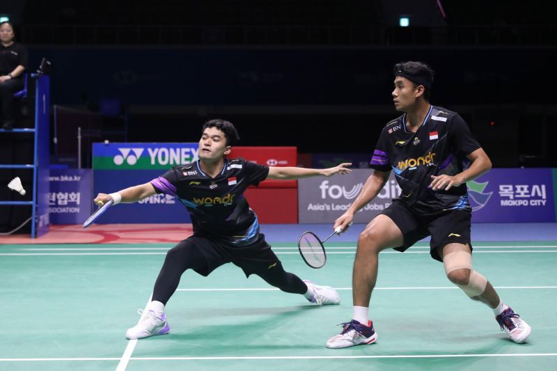 Ganda putra Indonesia Leo Rolly Carnando/Bagas Maulana saat berlaga di semifinal Korea Open 2024, Sabtu (31/8/2024). (ANTARA/HO/PP PBSI)