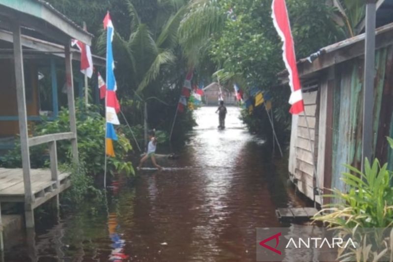 Warga melintasi jalan pemukiman yang tergenang banjir di Kabupaten Sanggau, Kalimantan Barat (ANTARA/HO-BNPB)