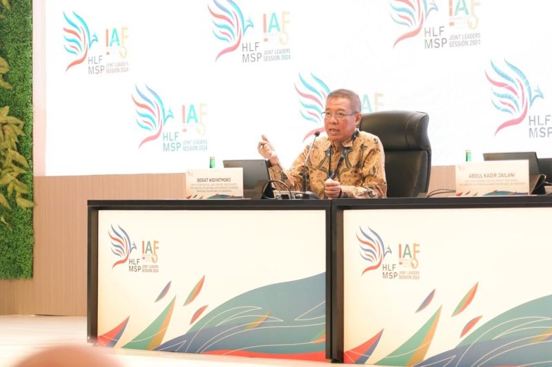 Deputi Bidang Politik, Hukum, Pertahanan, dan Keamanan Kementerian PPN/Bappenas Bogat Widyatmoko saat konferensi pers di Badung, Bali, Minggu (1/9/2024). (ANTARA/HO-Bappenas)