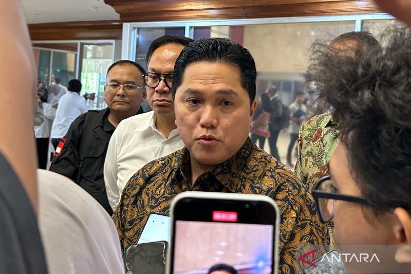 Menteri Badan Usaha Milik Negara (BUMN) Erick Thohir ditemui usai menghadiri Rapat Kerja bersama Komisi VI DPR RI di Jakarta, Senin (2/8/2024). (ANTARA/Maria Cicilia Galuh)