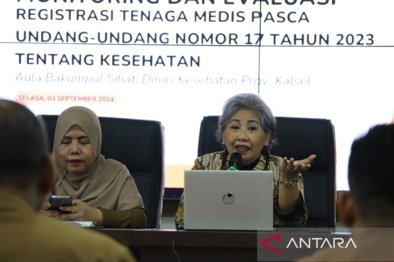 Pelaksana Tugas Kepala Dinas Kesehatan Provinsi Kalimantan Selatan Nurul Ahdani (kanan) menyampaikan materi terkait pengawasan dan evaluasi registrasi tenaga medis di Banjarmasin, Selasa (3/9/2024). ANTARA/HO-Pemprov Kalsel
