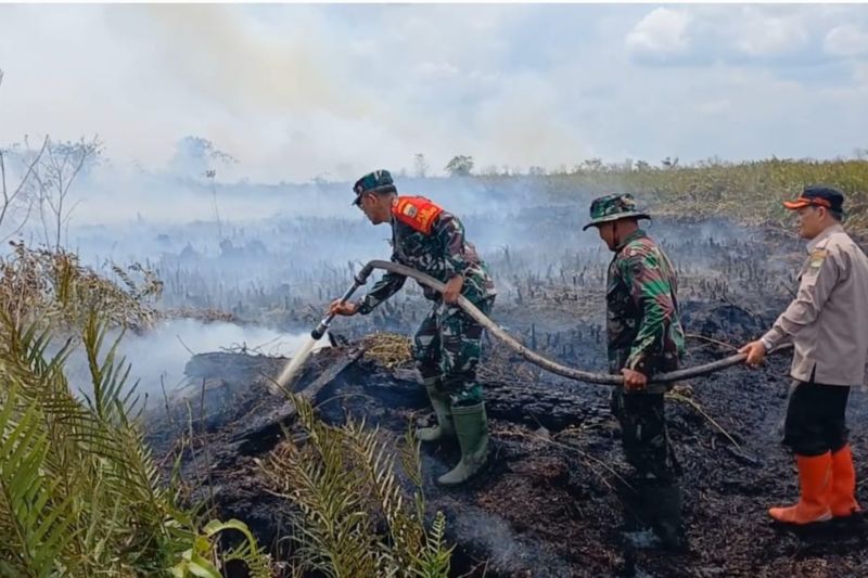 Danrem 042/Gapu Brigjen TNI Rachmad ikut memadamkan karhutla di Rantau Panjang, Muaro Jambi. (ANTARA/HO-Korem 042/Gapu)