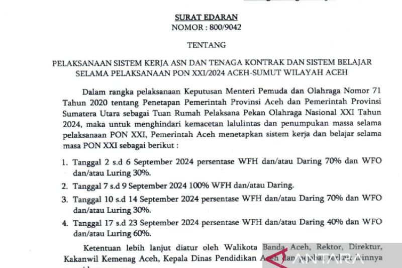 Tangkapan layar SE Gubernur Aceh tentang Nomor 800/9042 tentang Pelaksanaan Sistem Kerja ASN dan Tenaga Kontrak serta Sistem Belajar selama Pelaksanaan PON XXI/2024 Aceh-Sumut Wilayah Aceh, Jumat (6/9/2024) (ANTARA/Rahmat Fajri)