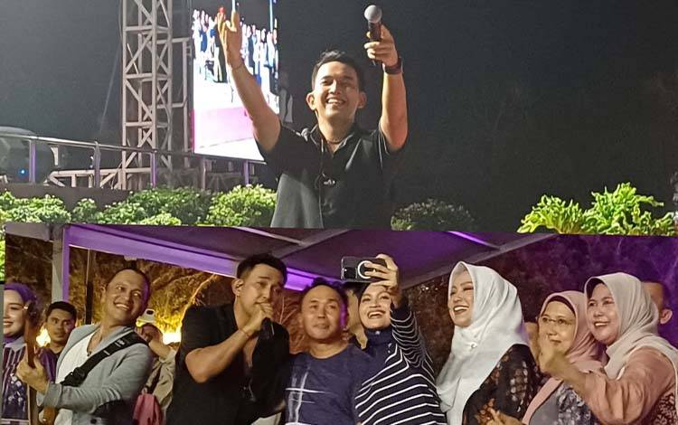 Naga vokalis Ada Band berinteraksi dengan penonton (atas). Gubernur Kalimantan Tengah Sugianto Sabran dan istri menikmati penampilan Ada Band di Taman Kota Sampit, Jumat, 6 September 2024. (FOTO: DEWIP)
