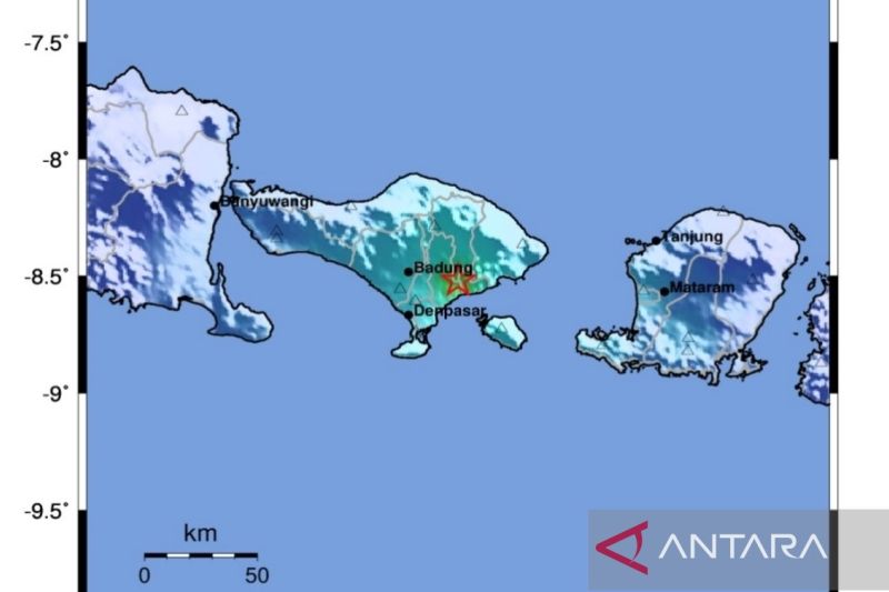 Tangkapan layar - Peta guncangan gempa bumi magnitudo 4,9 yang menggetarkan sebagian besar wilayah Bali dan berpusat di Kabupaten Gianyar, Bali, Sabtu (7/9/2024) (lANTARA/BMKG