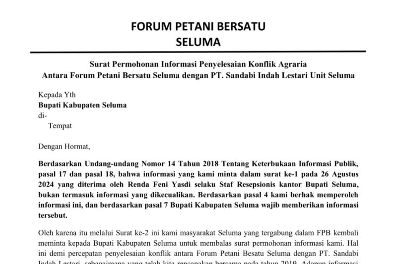 Tangkapan layar-Surat permohonan penyelesaian konflik agraria di Kabupaten Seluma, Provinsi Bengkulu. ANTARA/Boyke Ledy Watra
