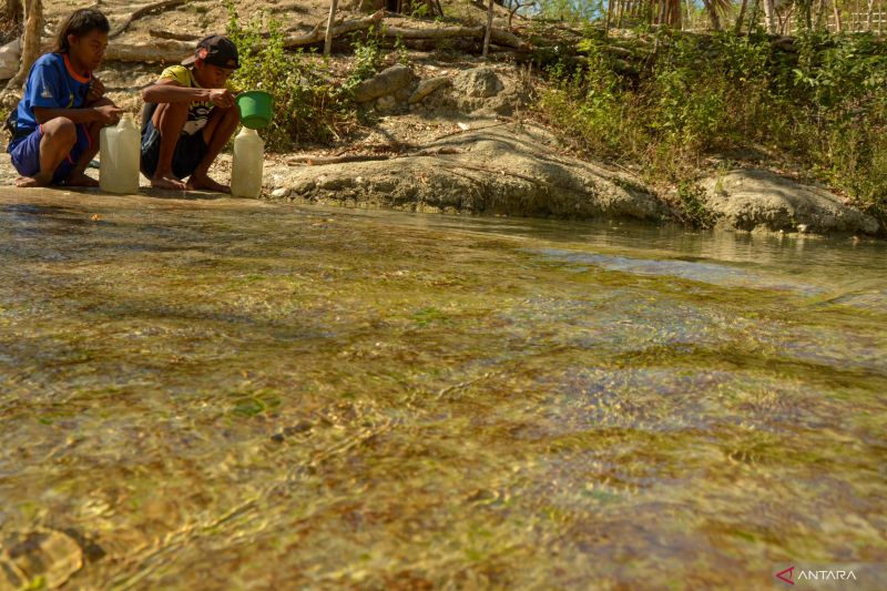 Warga mengambil air bersih dari sungai di Desa Oesusu, Kabupaten Kupang, Nusa Tenggara Timur (NTT), Kamis (5/09/2024). Warga desa setempat mengalami kesulitan air bersih akibat musim kemarau terpaksa mengambil air dari aliran sungai yang mengecil untuk kebutuhan air minum. ANTARA FOTO/Mega Tokan