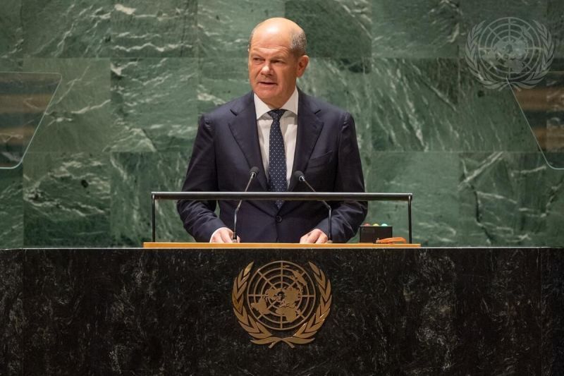 Arsip - Kanselir Jerman Olaf Scholz berpidato pada sesi Debat Umum Sidang Majelis Umum ke-78 PBB di New York, Amerika Serikat, Selasa (19/9/2023). (ANTARA/HO-UN Photo)