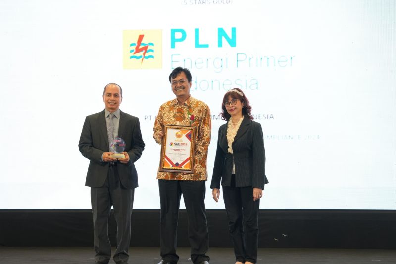 Direktur Keuangan dan Manajemen Risiko PLN EPI, Efin Febriantoro (tengah) saat menerima penghargaan GRC & Performance Excellence Award 2024. ANTARA/HO-PLN EPI
