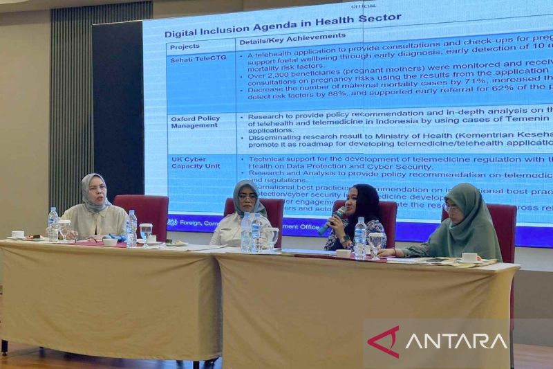 Sekretaris Daerah Sulawesi Tengah Novalina (kedua kanan) dan Lead Program UK Government Digital Acces Programme Digital Inclusion Agenda in Health Sector Rita Damayanti (kedua kanan) menjadi pembicara dalam kegiatan fokus grup diskusi rumah sehat rakyat virtual di Palu, Rabu (11/9/2024). ANTARA/Kristina Natalia