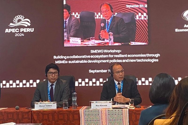 The Co-operatives and Small and Medium Enterprises (SMEs) Ministry's expert staff for Institutional relations, Riza Damanik (right), in the APEC SMEWG Workshop in Pucallpa, Peru, on September 11, 2024. (ANTARA/HO-Kemenkop UKM).