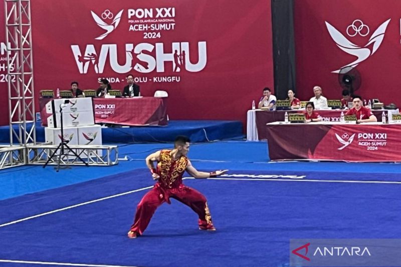 Atlet Sumatera Utara Harris Horatius tampil dalam nomor taolu nanquan putra cabang olahraga wushu pada Pekan Olahraga Nasional (PON) XXI Aceh-Sumut di GOR Disporasu, Deli Serdang, Sumatera Utara, Kamis (12/9/2024) (ANTARA/Fathur Rochman)