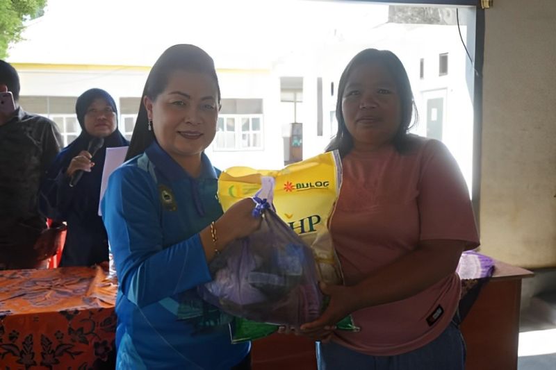 Sekretaris Daerah Poso Heningsih Tampai menyerahkan bantuan sembako kepada warga terdampak bencana alam di Poso, Jumat (13/9/2024). (ANTARA/HO-Diskominfo Poso)