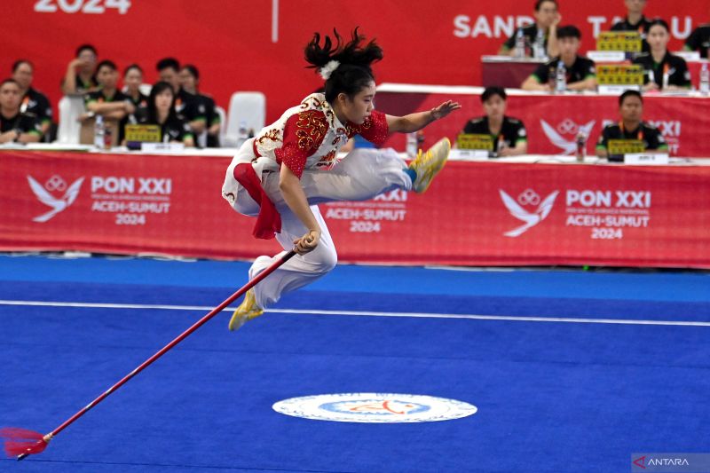 Arsip - Atlet wushu Jawa Barat Zhealix Nebulani beraksi pada final wushu taolu jianshu Qiangshu putri PON XXI Aceh-Sumut 2024 di Gedung Serbaguna Dinas Pemuda dan Olahraga Sumatera Utara (Disporasu), Deli Serdang, Sumatera Utara, Jumat (13/9/2024). ANTARA FOTO/Yulius Satria Wijaya. (ANTARA FOTO/YULIUS SATRIA WIJAYA)