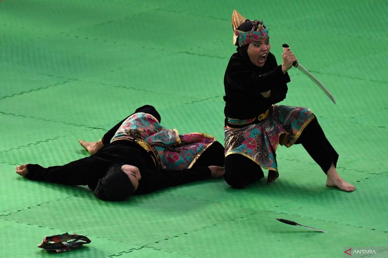 Pesilat Jawa Barat Riska Hermawan dan Ririn Rinasih beraksi pada final kategori seni kelas ganda putri di pertandingan Pencak Silat PON XXI Aceh-Sumut 2024 di GOR Veteran Disporasu, Medan, Sumatera Utara, Kamis (12/9/2024). Pesilat Jawa Barat Riska Hermawan dan Ririn Rinasih menang atas pesilat Bali Ni Made Mega Sri dan Ni Ketut Utari dengan perolehan skor 9.940. ANTARA FOTO/Jessica Wuysang/rwa. (Antara Foto/Jessica Wuysang)