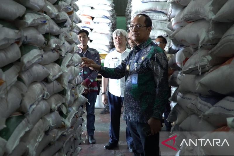 Penjabat Gubernur Kepulauan Babel Sugito saat meninjau stok beras di gudang distributor Belitung (ANTARA/HO-Diskominfo Babel)