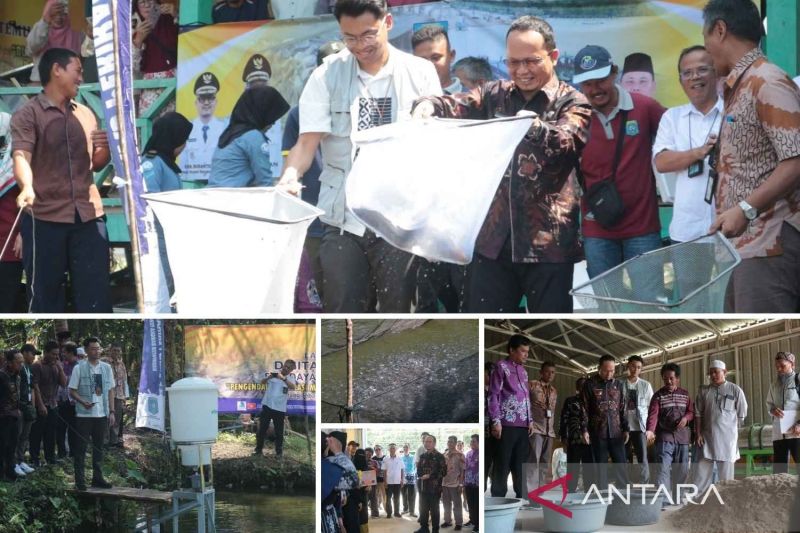 Bupati Bangka Tengah Algafry Rahman menyalurkan bantuan sarana pendukung budidaya perikanan air tawar, Sabtu (14/9) (ANTARA/Ahmadi)