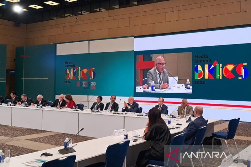 President Director of Perum LKBN ANTARA Akhmad Munir as a speaker at the 2024 BRICS Media Summit in Moscow, Russia, Saturday (14/9) local time. (Antara/Suryanto)