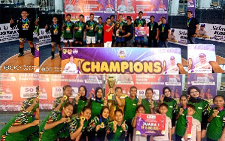 Asisten III Bidang Administrasi Umum Setda Barito Utara menyerahkan piala dan uang pembinaan kepada tim voli putri BKS Benangin yang meraih juara I, usai penutupan di arena Tiara Batara, Sabtu malam 14 September 2024.(foto: Dhani)